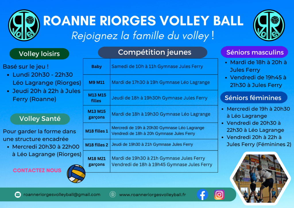 Tableau récapitulant tous les créneaux d'entrainements du club de Roanne Riorges Volley Ball